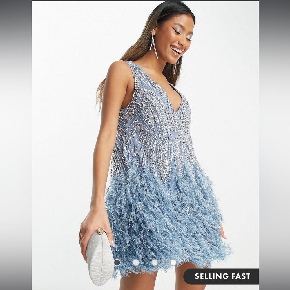 ASOS EDITION Crystal and Bead Mini Dress with Faux Feathers in Light Blue